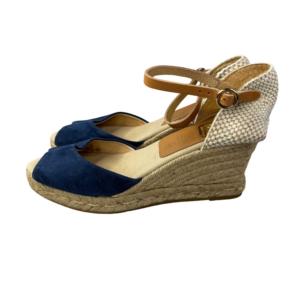 Kanna Navy Suede Espadrille Wedge Sandals Peep Toe 6.5 Made in Spain
